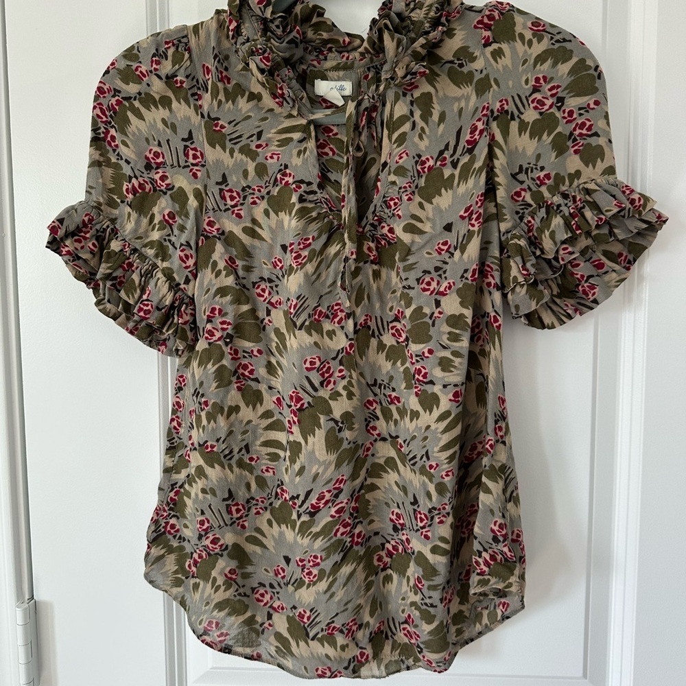 Odille Anthropologie Shortsleeve Floral Ruffle Blouse